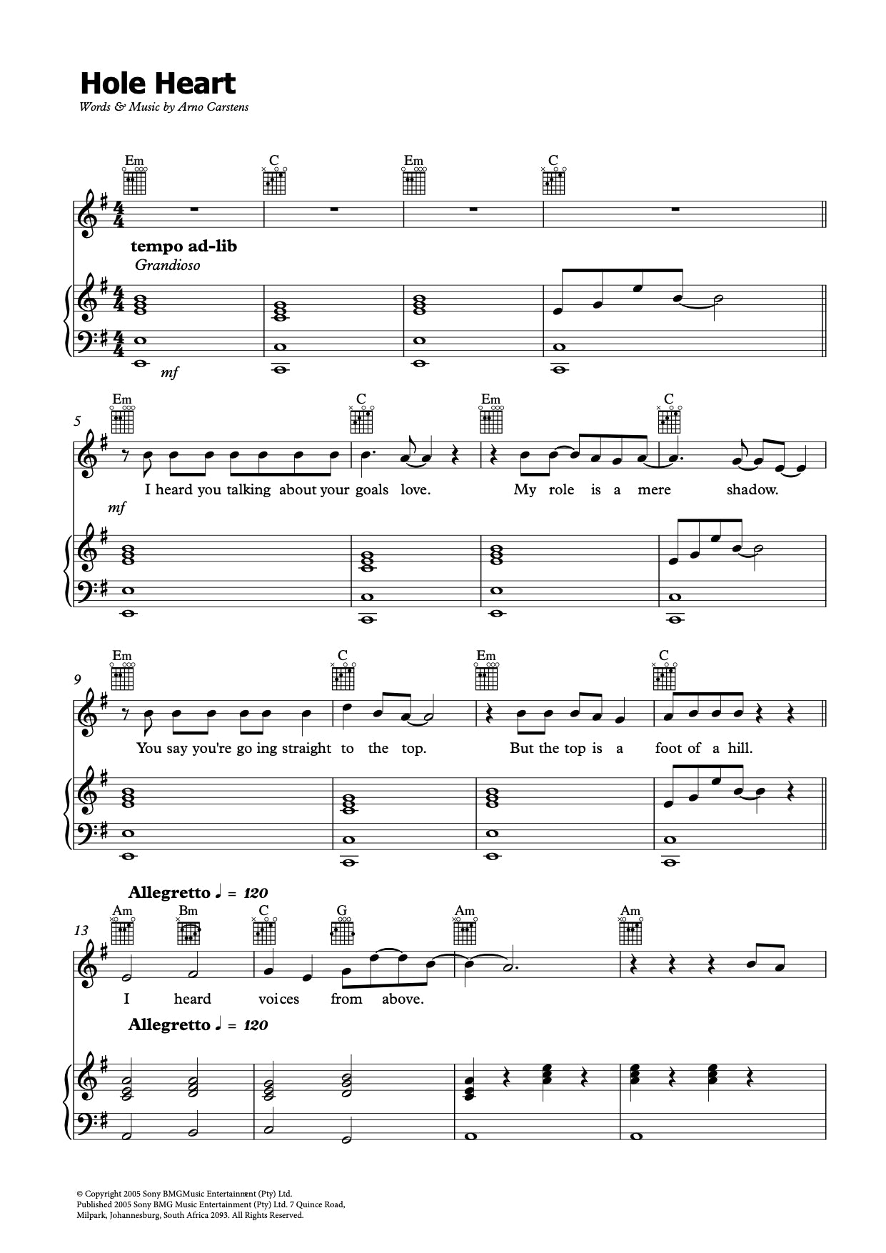 Arno Carstens - Hole Heart Sheet Music