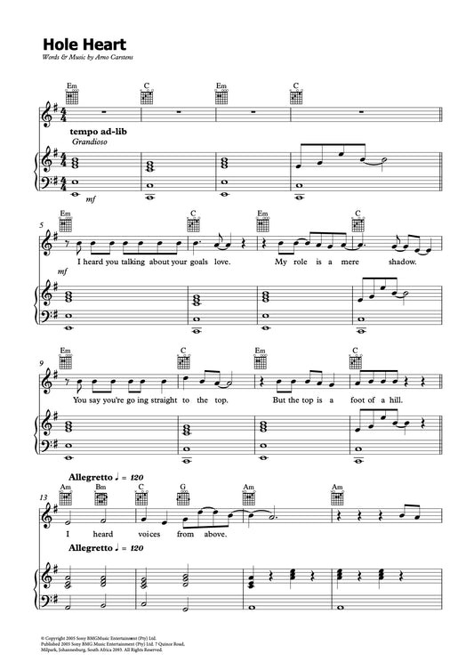 Arno Carstens - Hole Heart Sheet Music