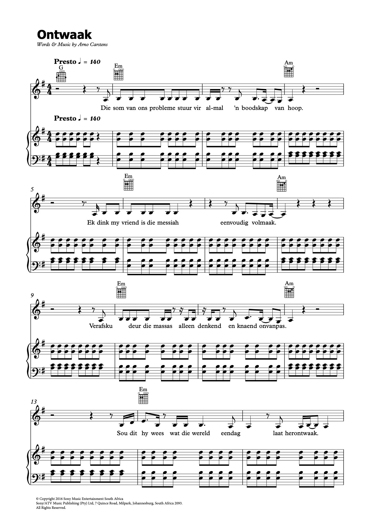 Arno Carstens - Ontwaak Sheet Music