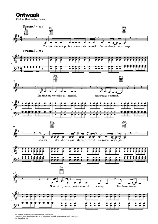 Arno Carstens - Ontwaak Sheet Music