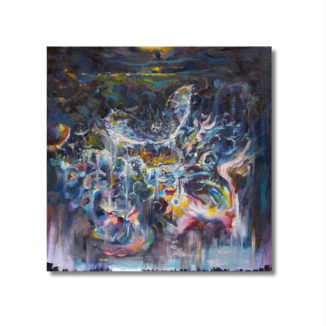 Arno Carstens, The Gathering Between, oil on canvas, 40 × 40 cm, on a white wall