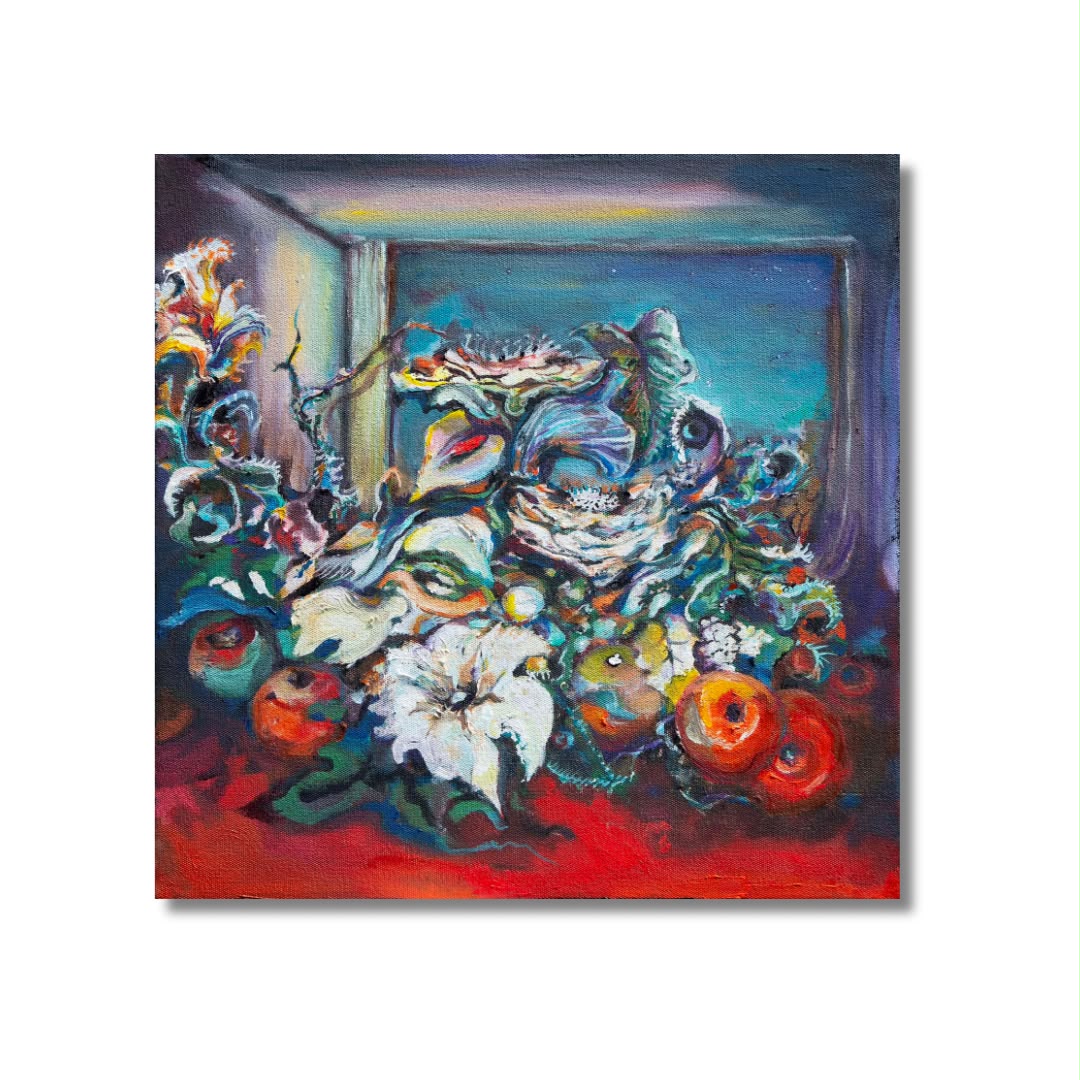 Arno Carstens, The Gathering Nest, oil on canvas, 40 × 40 cm, on a white wall