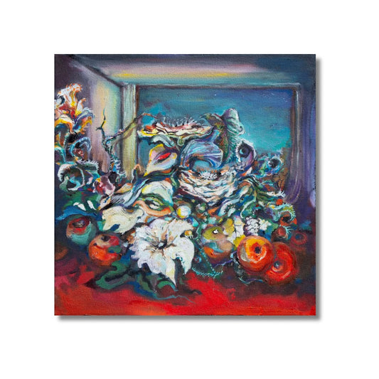 Arno Carstens, The Gathering Nest, oil on canvas, 40 × 40 cm, on a white wall