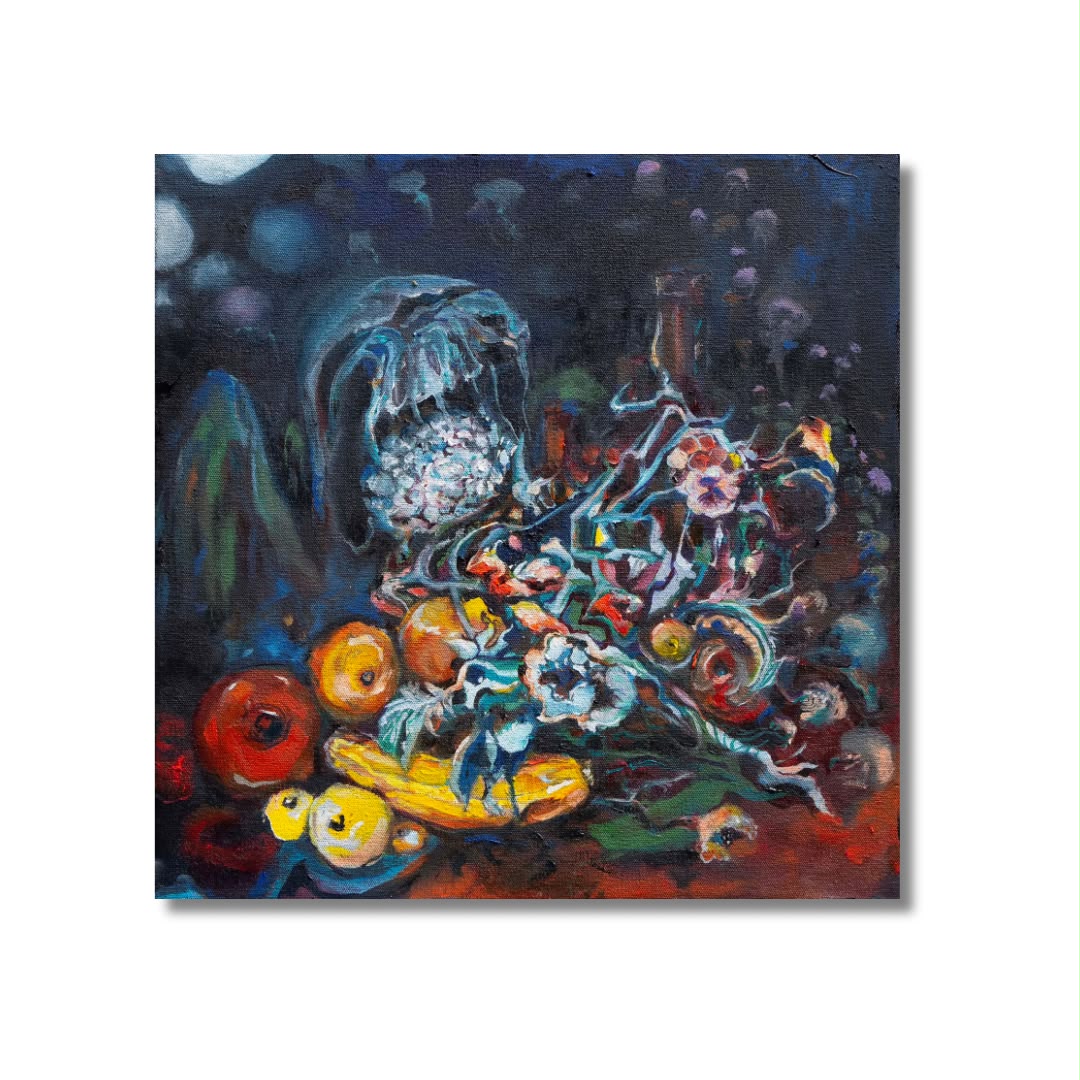 Arno Carstens, The Gathering Feast, oil on canvas, 40 × 40 cm, on a white wall