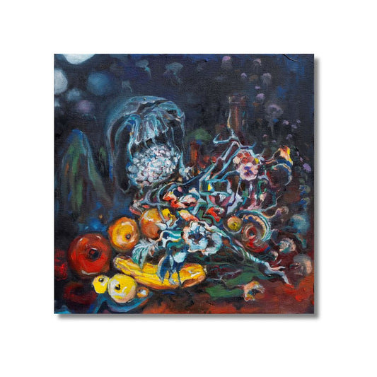 Arno Carstens, The Gathering Feast, oil on canvas, 40 × 40 cm, on a white wall