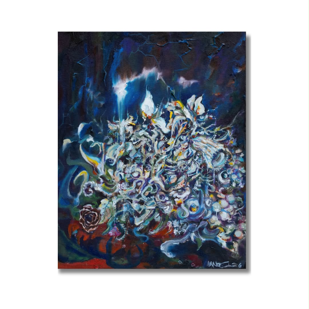 Arno Carstens, Crystal Bloom, oil on canvas, 50 × 40 cm, on a white wall