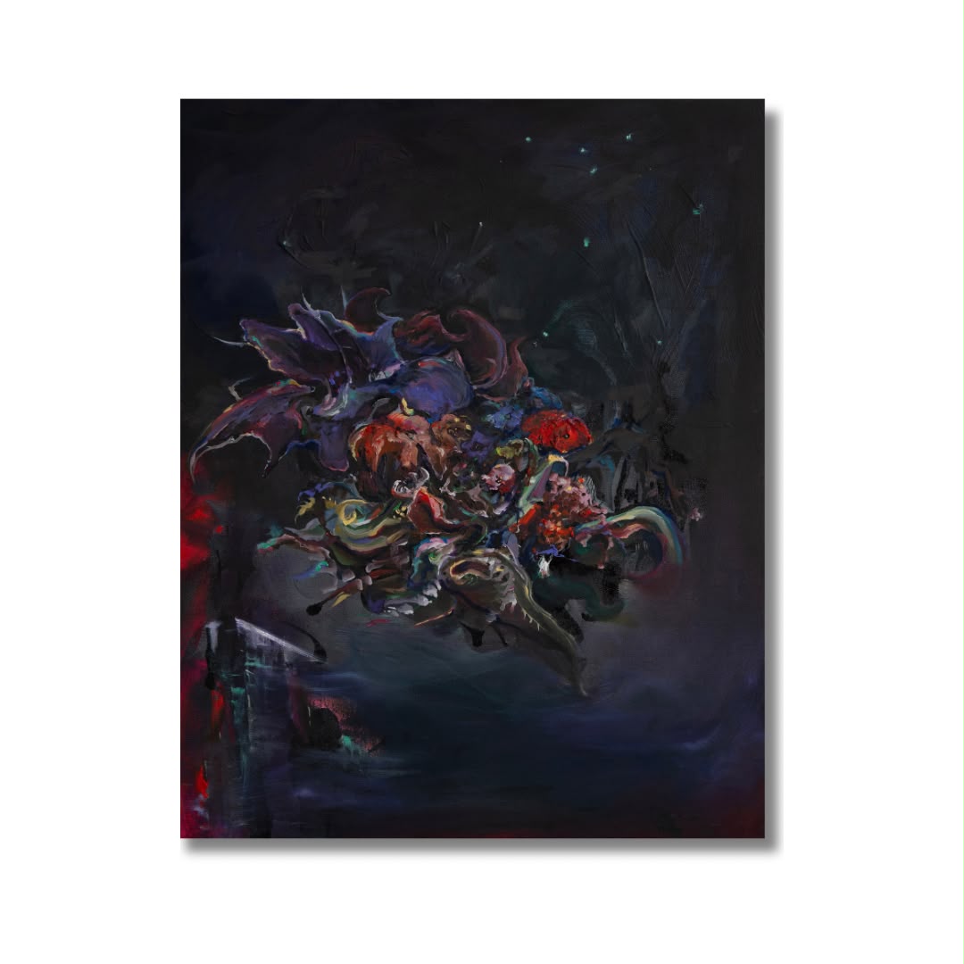 Arno Carstens, Here Be Dragons, oil on canvas, 70 × 56 cm, on a white wall