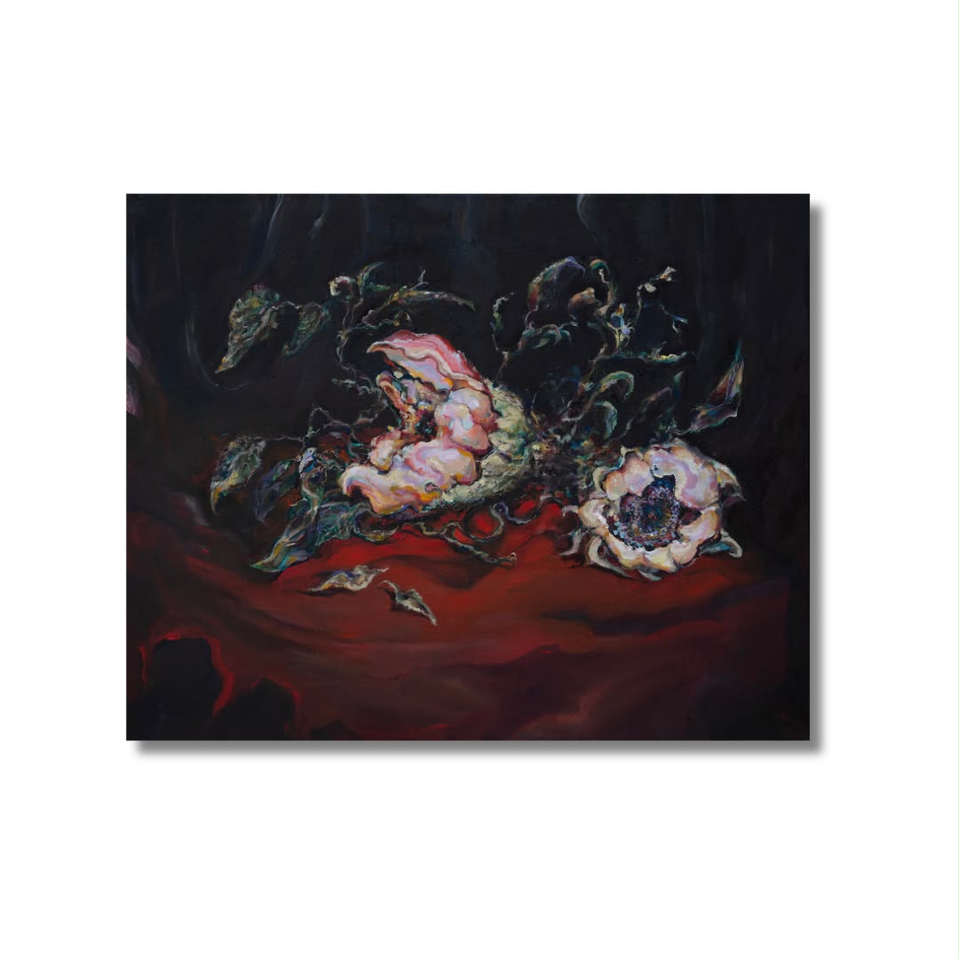 Arno Carstens, Where Flowers Fall, oil on canvas, 56 × 70 cm, on a white wall