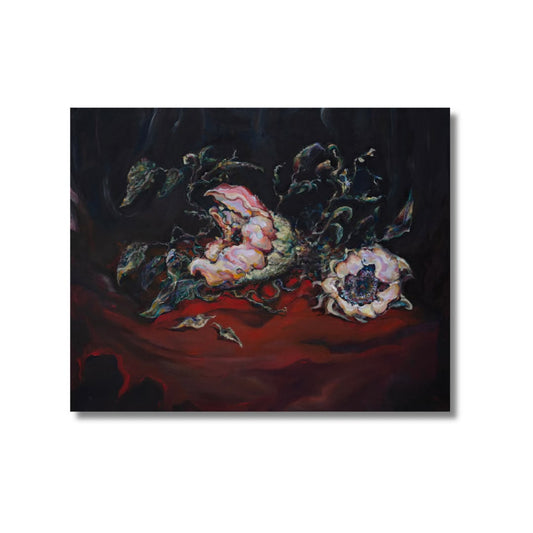 Arno Carstens, Where Flowers Fall, oil on canvas, 56 × 70 cm, on a white wall
