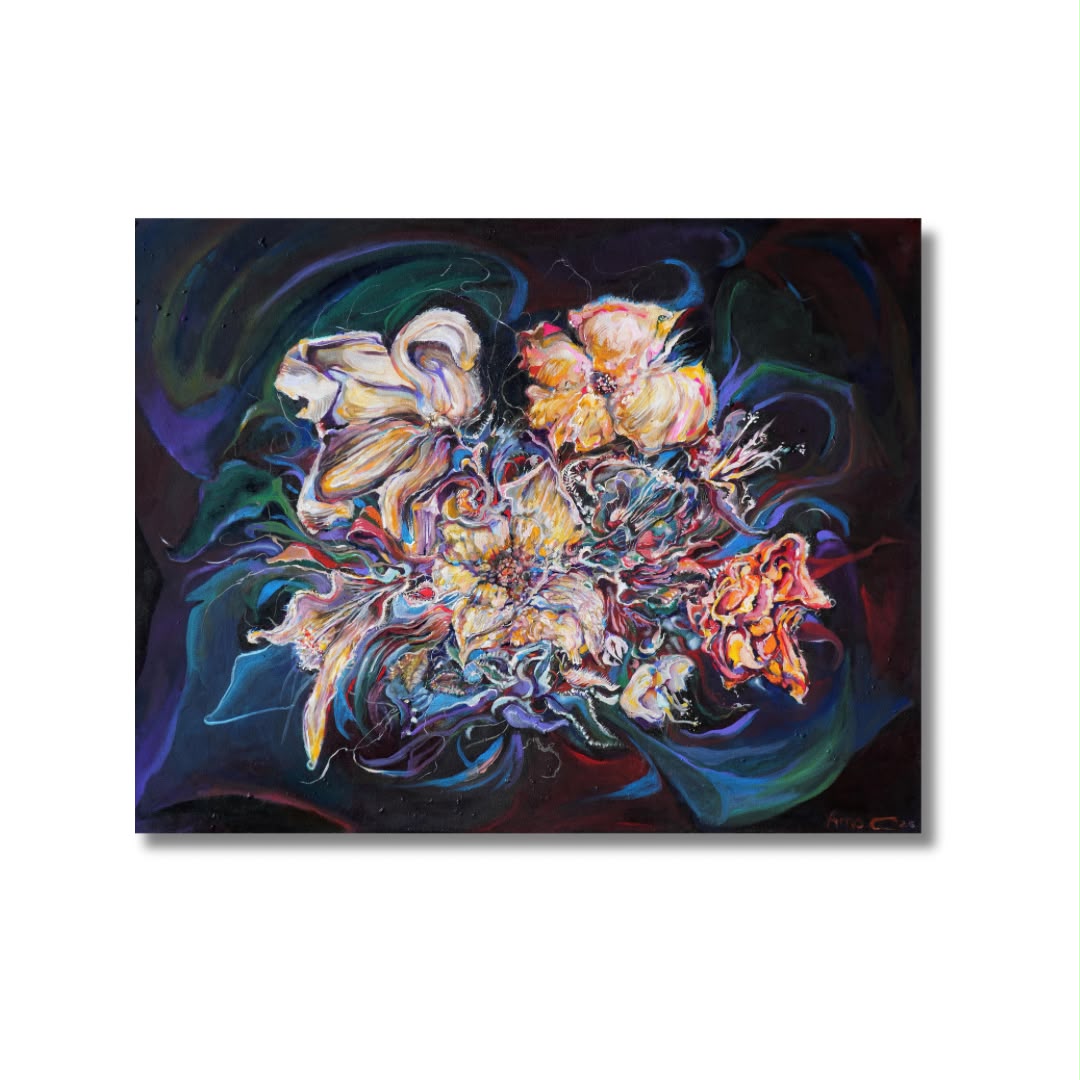 Arno Carstens, The Alchemist's Garden, oil on canvas, 78 × 100 cm, on a white wall