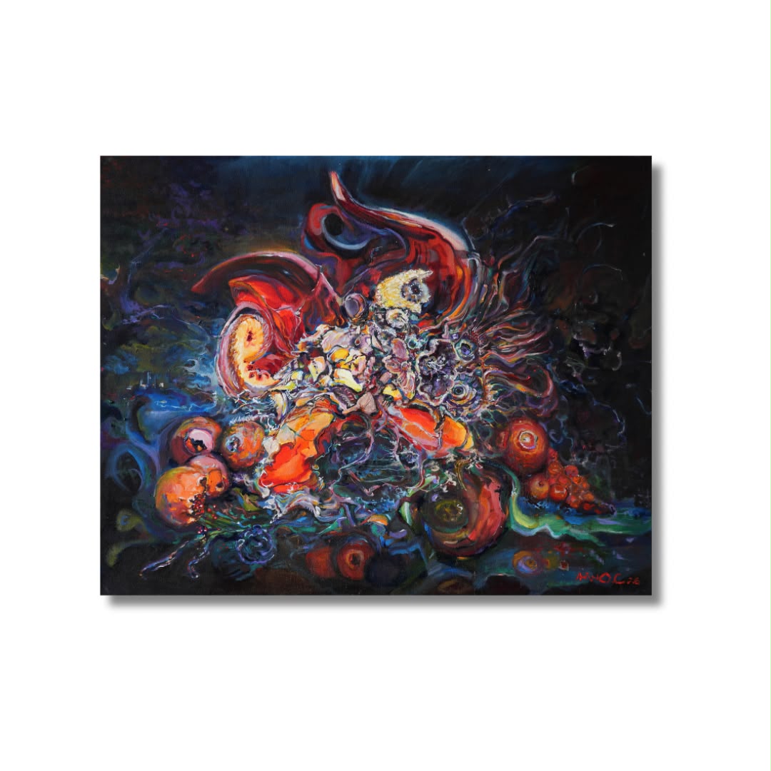 Arno Carstens, Where Worlds Meet, oil on canvas, 78 × 100 cm, on a white wall