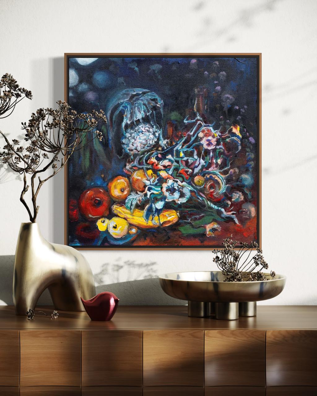 Arno Carstens, The Gathering Feast, oil on canvas, 40 × 40 cm, shown in a room