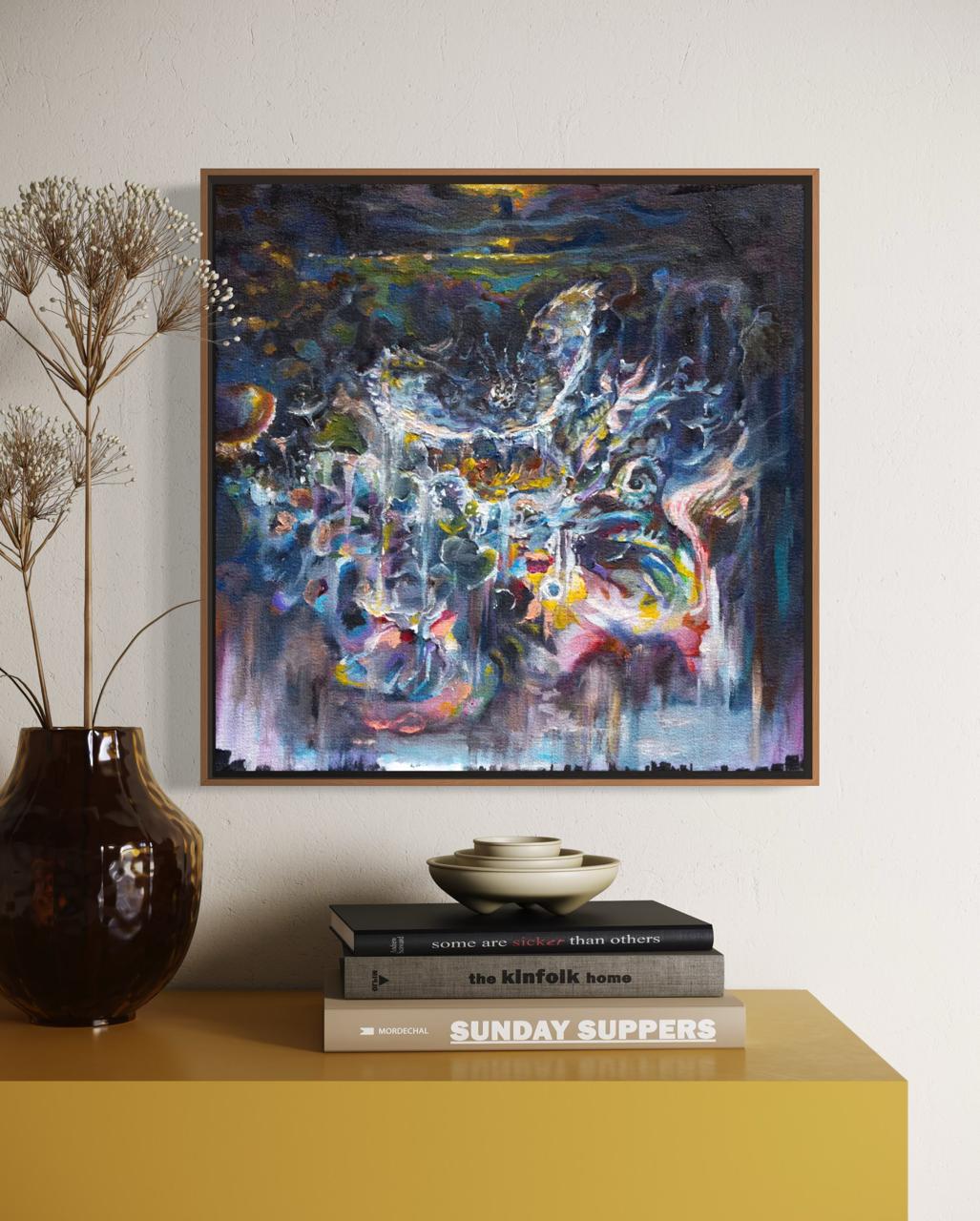 Arno Carstens, The Gathering Between, oil on canvas, 40 × 40 cm, shown in a room
