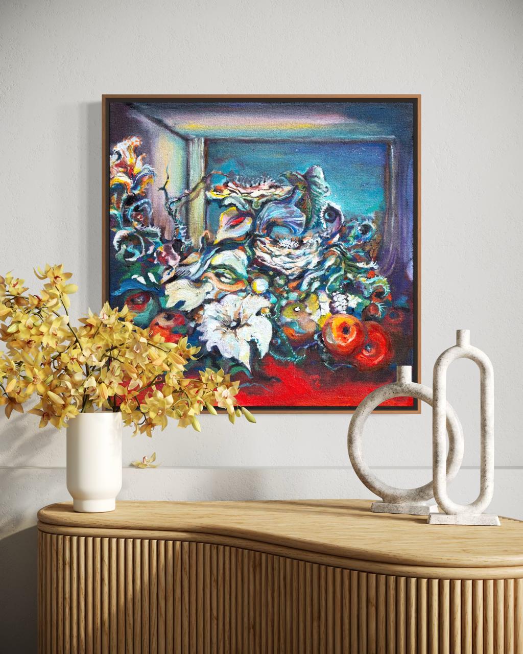 Arno Carstens, The Gathering Nest, oil on canvas, 40 × 40 cm, shown in a room