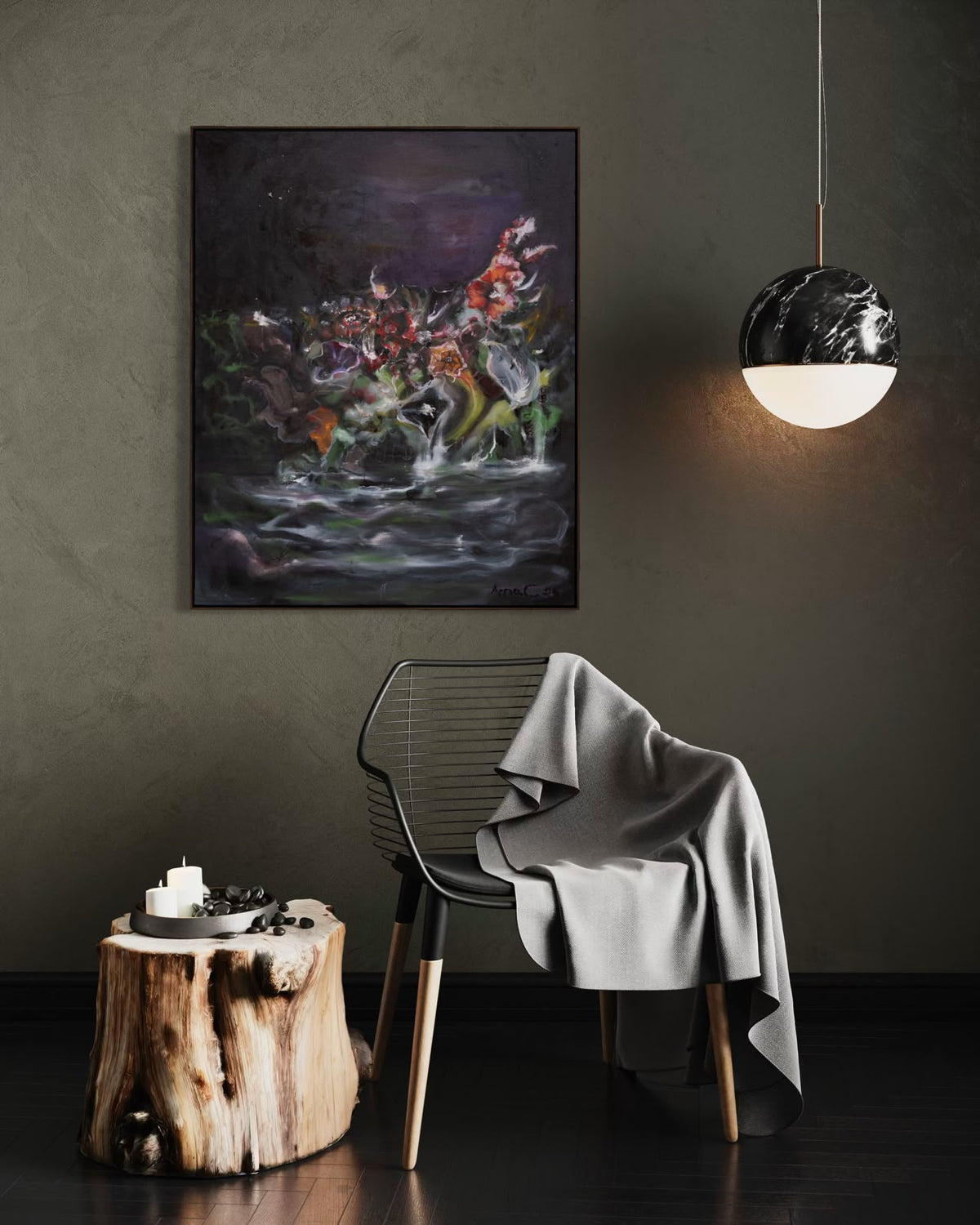 Arno Carstens, Magic at River's Edge, oil on canvas, 100 × 78 cm, shown in a room