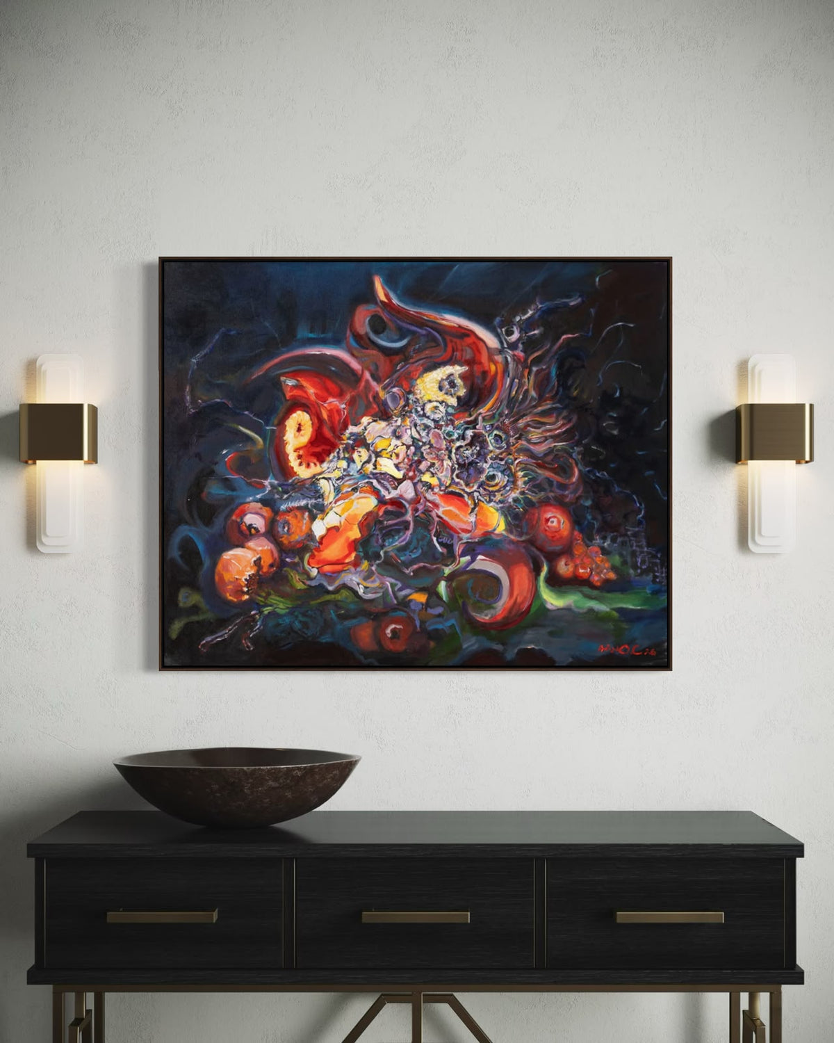 Arno Carstens, Where Worlds Meet, oil on canvas, 78 × 100 cm, shown in a room