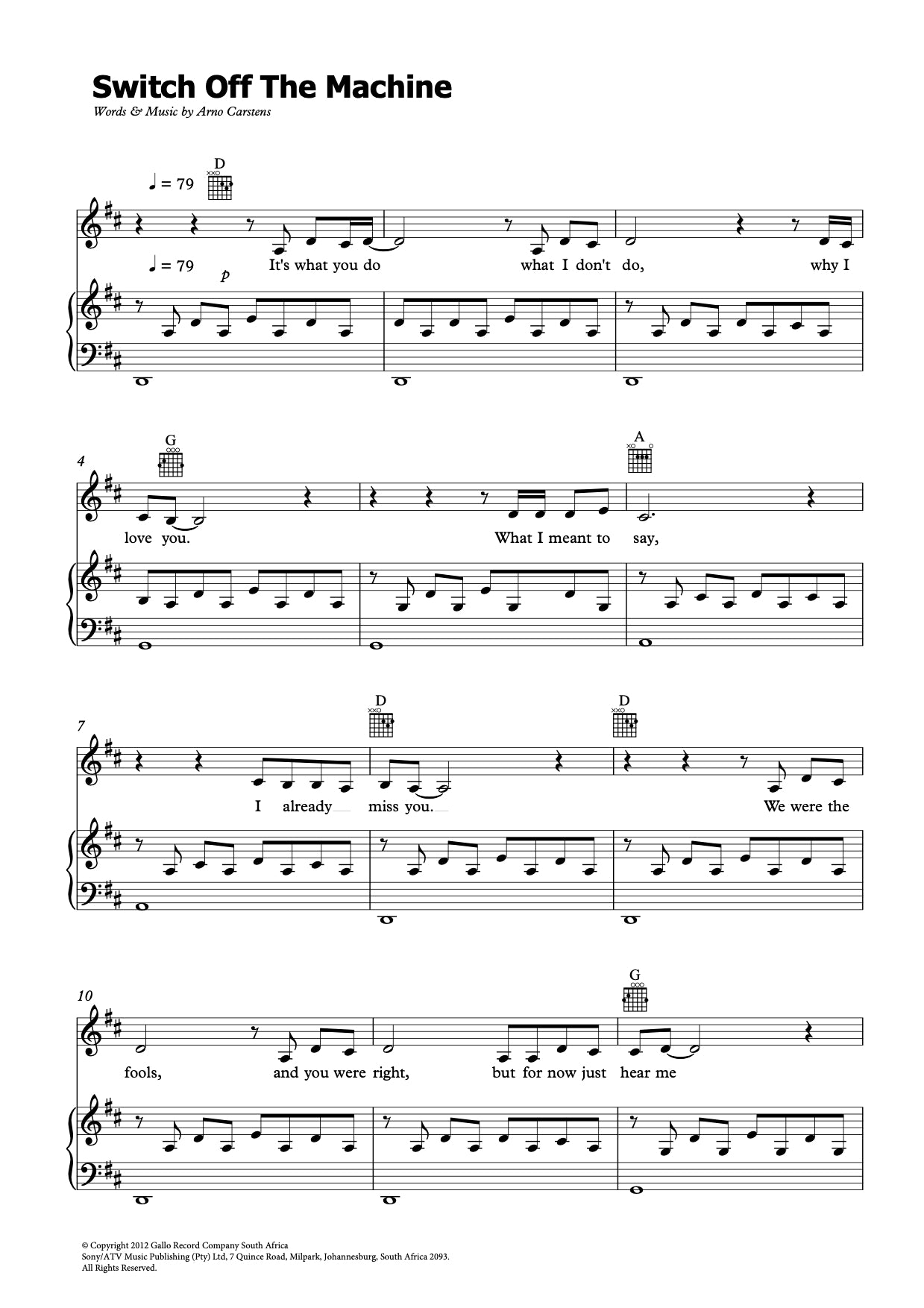 Arno Carstens - Switch Off the Machine  Sheet Music